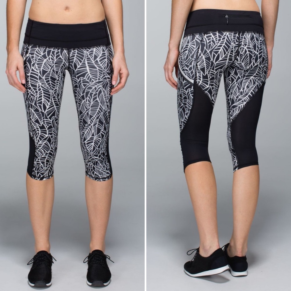 Lululemon Run A Marathon Crop II Pretty Palm Black Angel Wing Size 6 Running - Picture 1 of 13